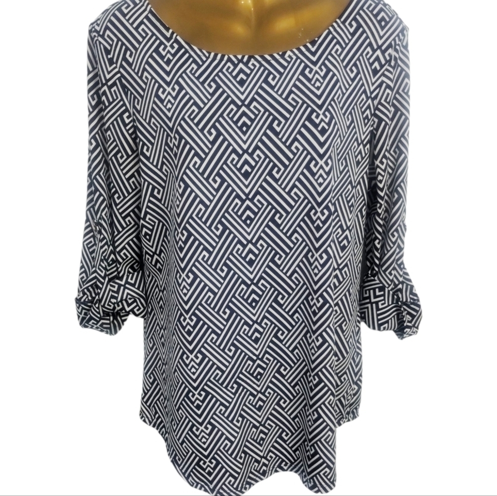COCOMO Women's Petite MEDIUM‎ ¾ Sleeve Blouse/Dress Abstract BLK/white tunic